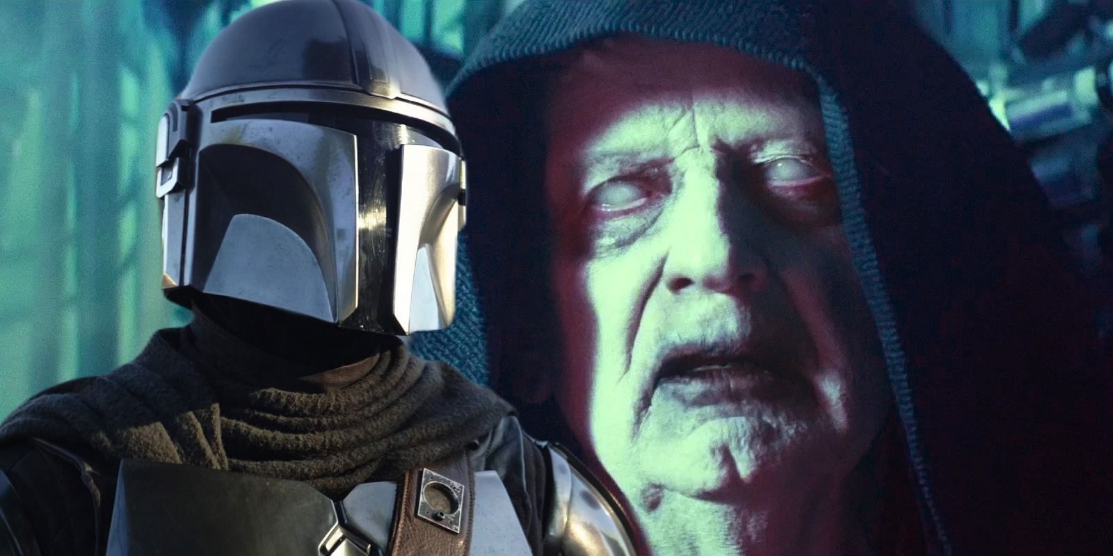 Din Djarin from The Mandalorian season 3 to the left and Zombie Palpatine from The Rise of Skywalker to the right
