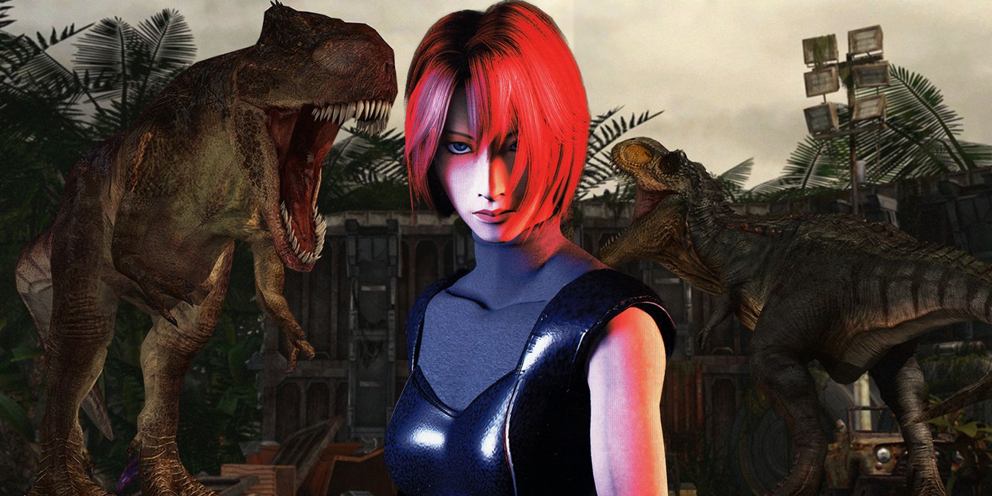 Regina with two t-rexes roaring behind her from Dino Crisis 2