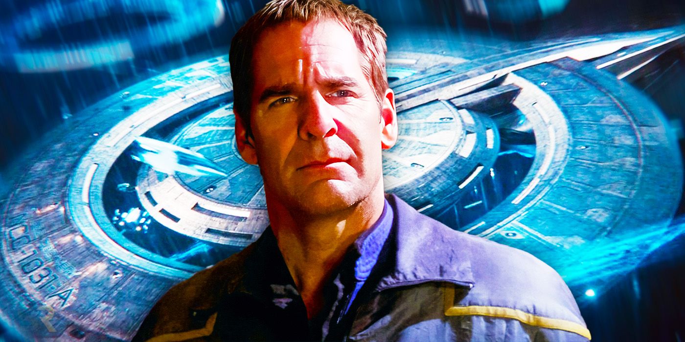 Captain Jonathan Archer from Star Trek: Enterprise heroic in front of the USS Discovery