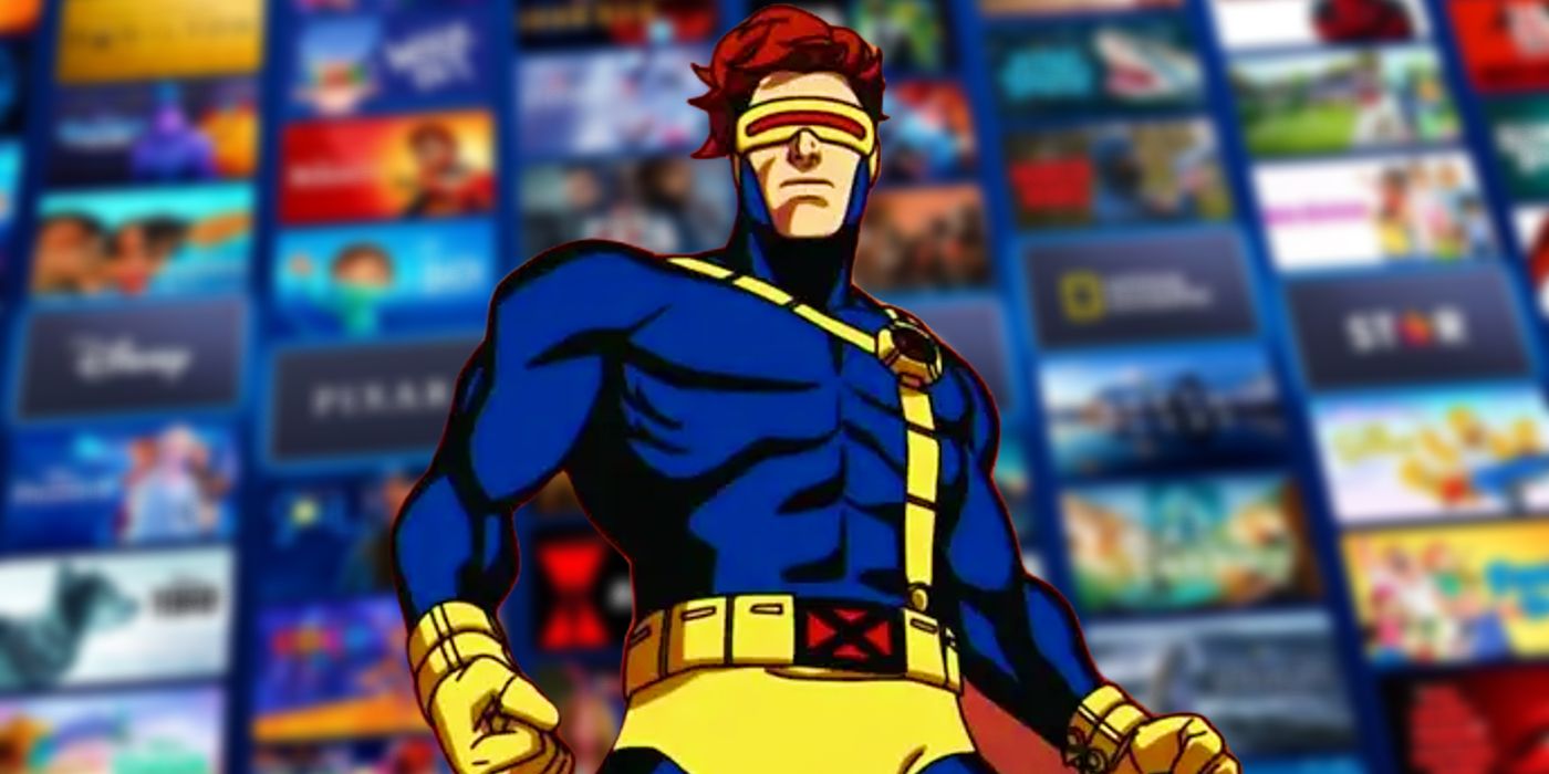 The blurred homepage of Disney+ beneath Cyclops in a fighting stance from X-Men '97