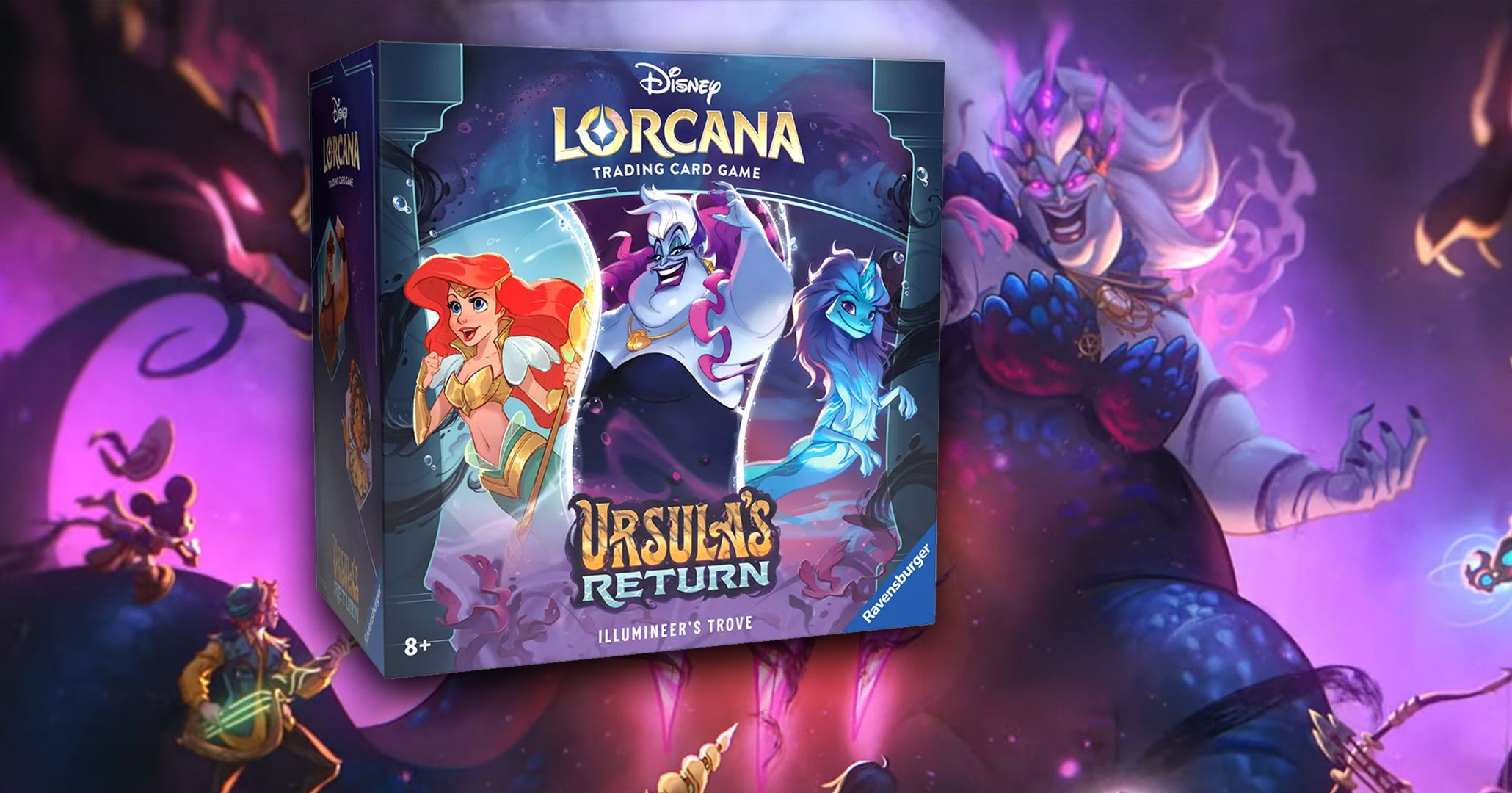 Disney Lorcana Ursula's Return art showing a hulking Ursula next to an image of the Illumineer's Trove box art.