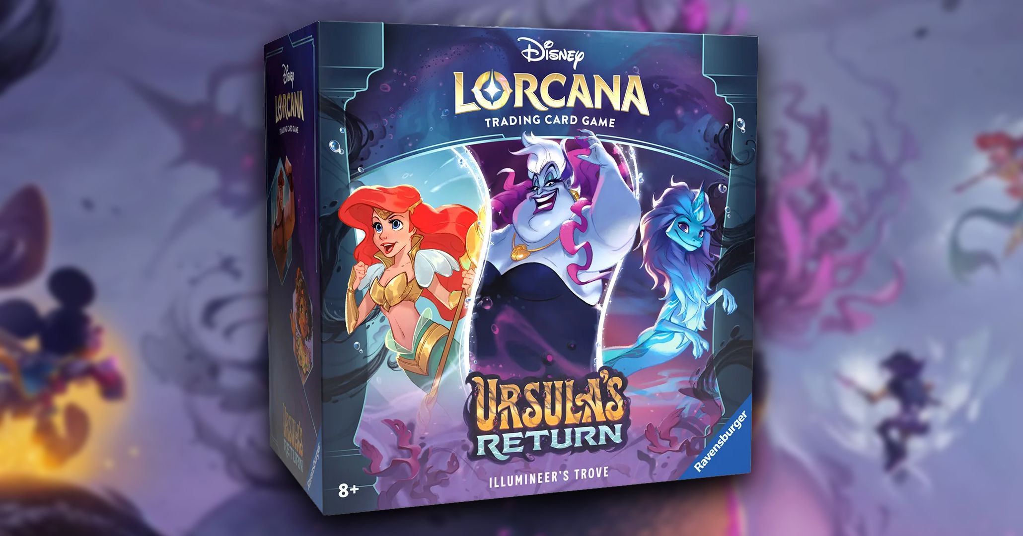 Caixa Return Illumineer's Trove da Disney Lorcana Ursula na frente de um fundo desfocado da arte de Ursula.