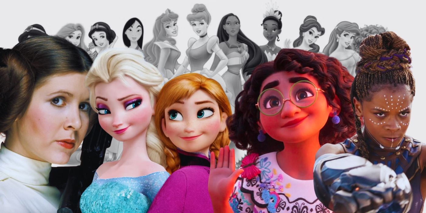 The official Disney Princesses lineup appears in black and white behind color images of Star Wars' Princess Leia, Frozen's Elsa and Anna, Encanto's Mirabel, and the MCU's Shuri