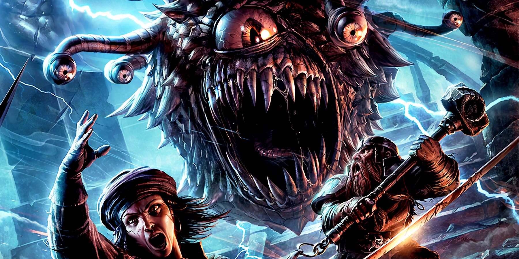 Cropped image of the cover art for the upcoming Dungeons & Dragons Monster Manual, showing a beholder attacking two characters in a thunderstorm.