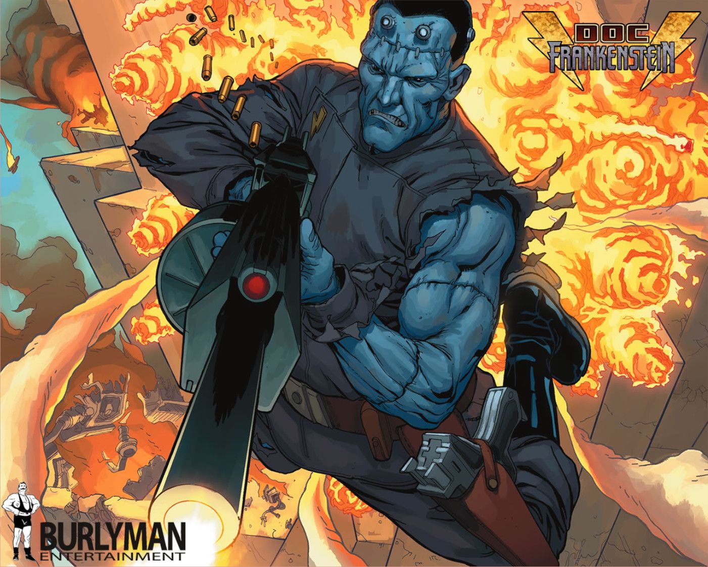 Doc Frankenstein jumping away from an explosion by Steve Skroce, from a comic book collaboration with the Wachowski sisters