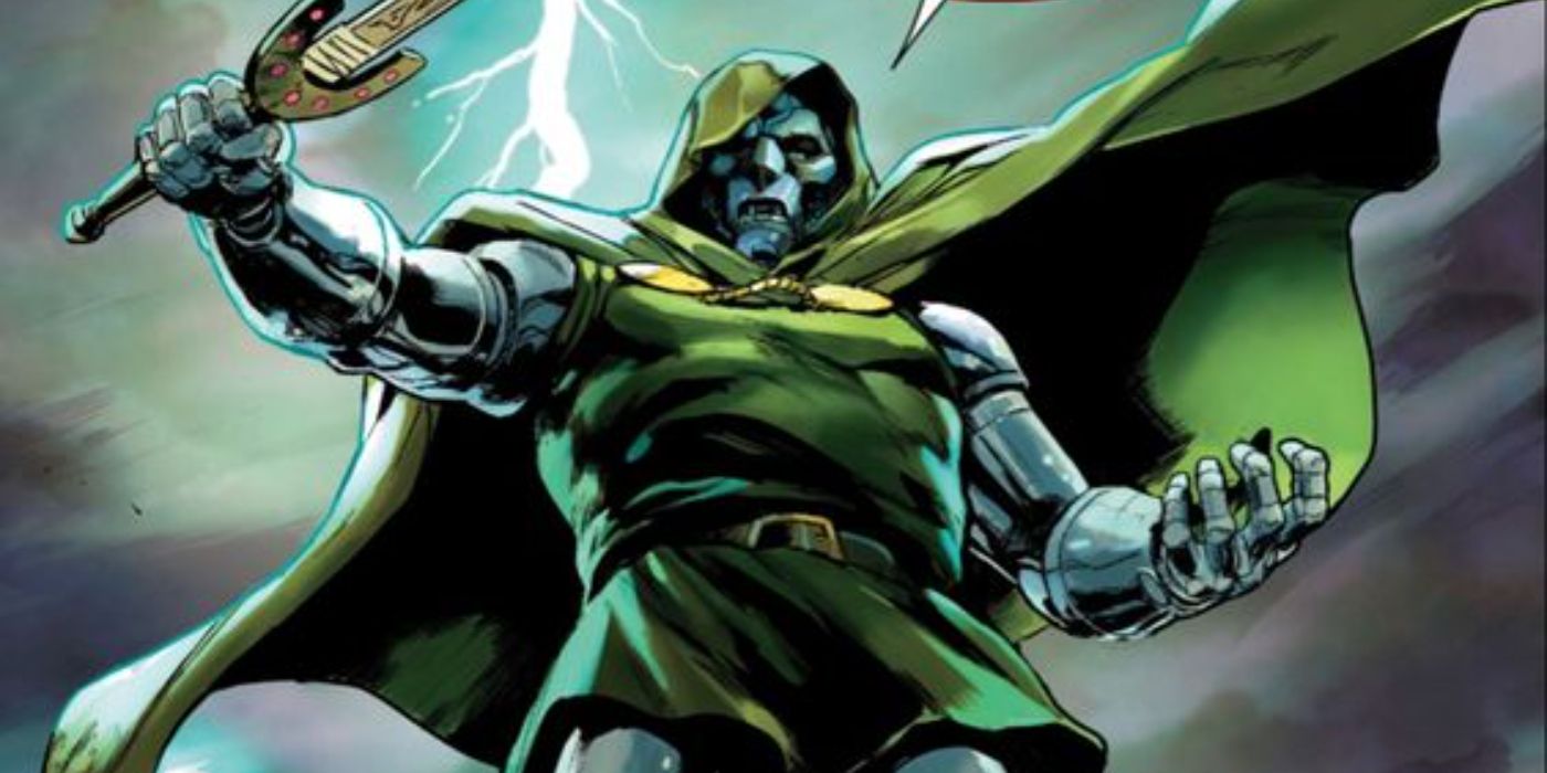 Doctor Doom descends from the sky wielding a sword, lighting cracking in the background