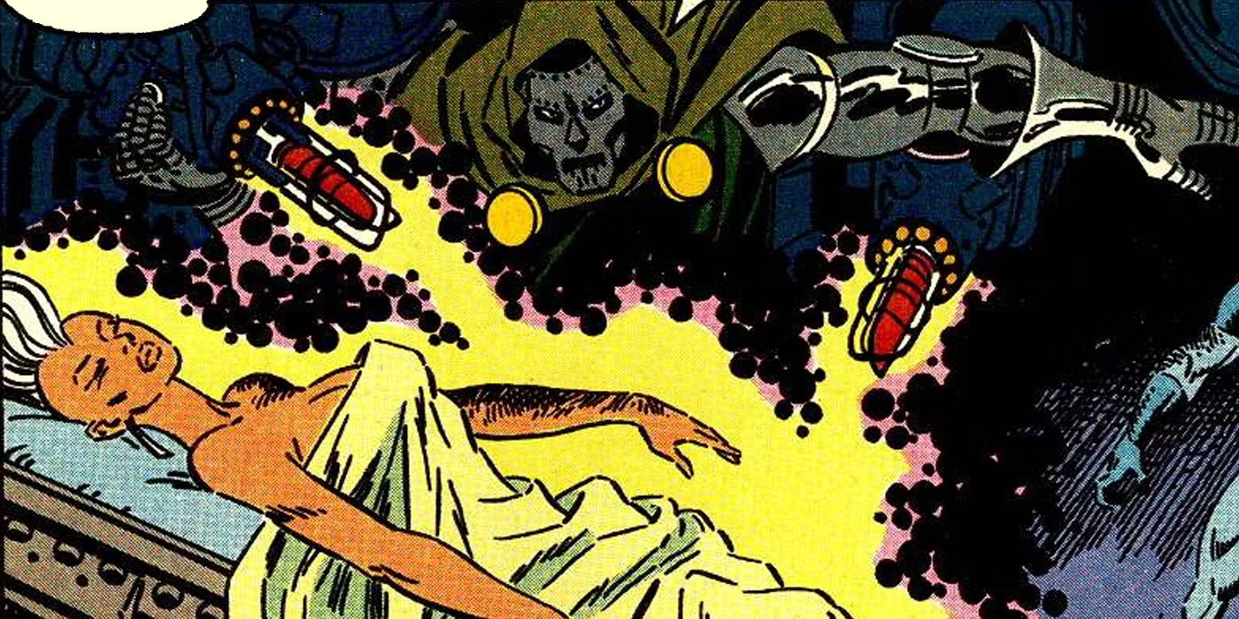 A classic Marvel comic panel featuring Doctor Doom healing Storm.