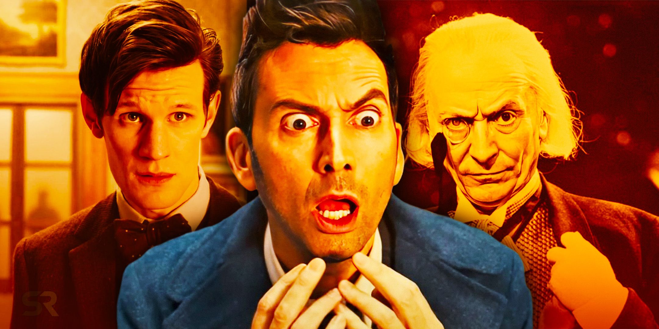 The Fourteenth Doctor looks shocked, with the Eleventh Doctor and the First Doctor behind them.