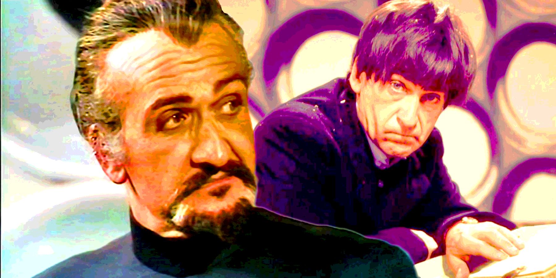 Roger Delgado's Master looking at the Second Doctor in his TARDIS