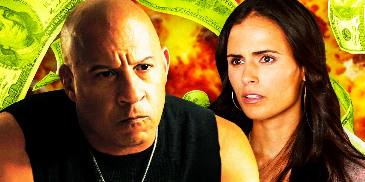Dominic Toretto (Vin Diesel) and Mia Toretto (Jordana Brewster) in Fast Five surrounded by money