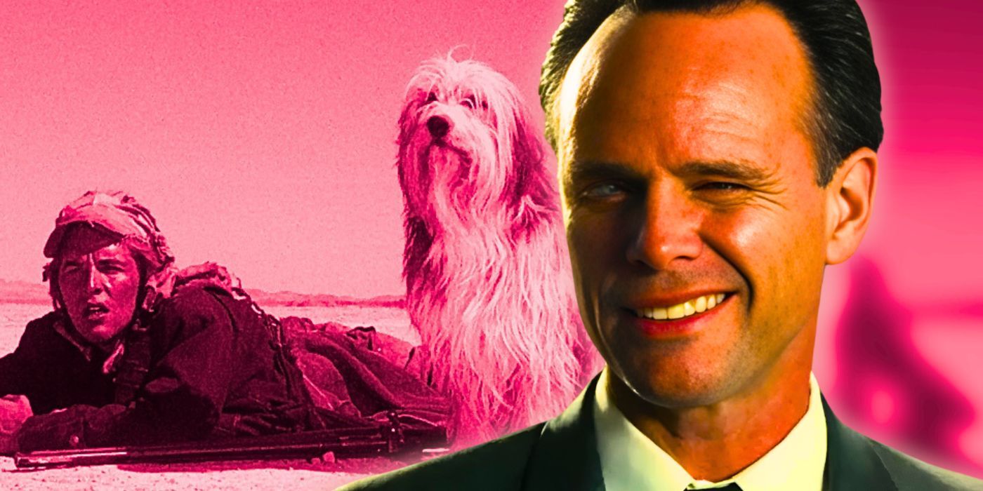 Don Johnson as Vic with telepathic dog Blood in A Boy and His Dog with Walton Goggins winking as Cooper Howard from Fallout