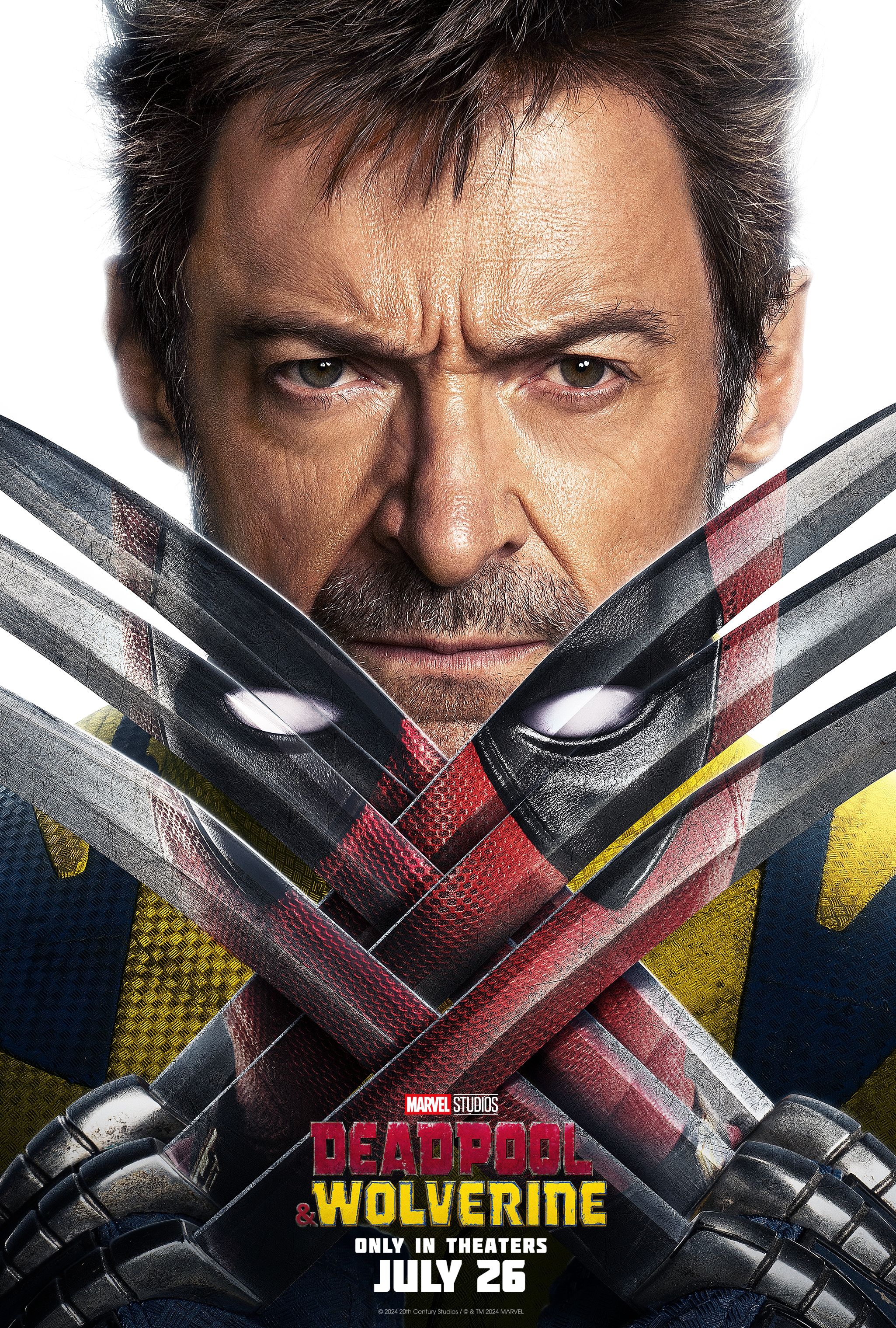 Hugh Jackman's Wolverine showing off his claws with Deadpool's reflection in it.