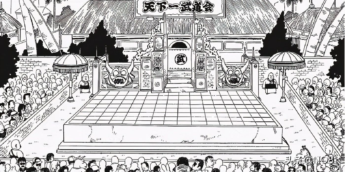 Torneio Mundial de Artes Marciais de Dragon Ball com uma multidão ao redor da arena e aplaudindo.