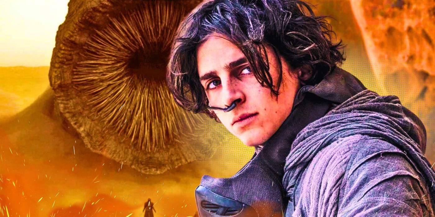 Dune 2's Paul Atreides (Timothee Chalamet) with a sandworm in the background.