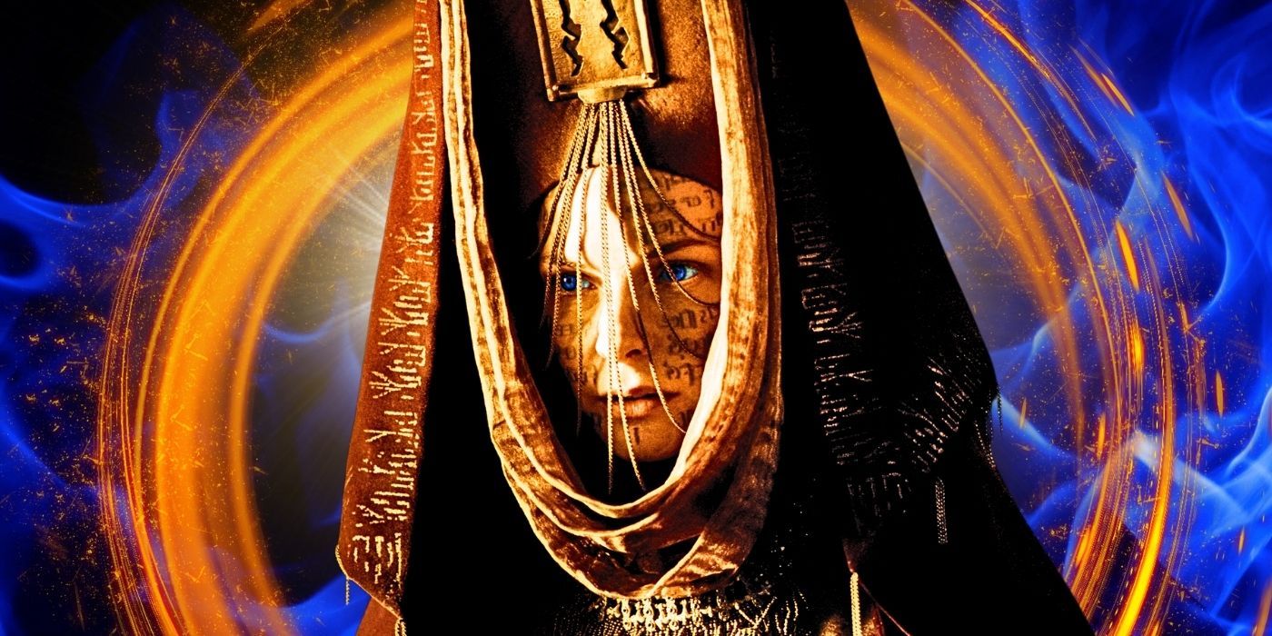 Rebecca Ferguson as Lady Jessica in her full Bene Gesserit headdress and facial tattoos from Dune: Part Two set against an orange and blue background
