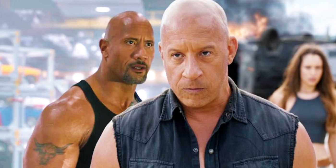Dwayne Johnson as Luke Hobbs juxtaposed with Vin Diesel as Dom in Fast X