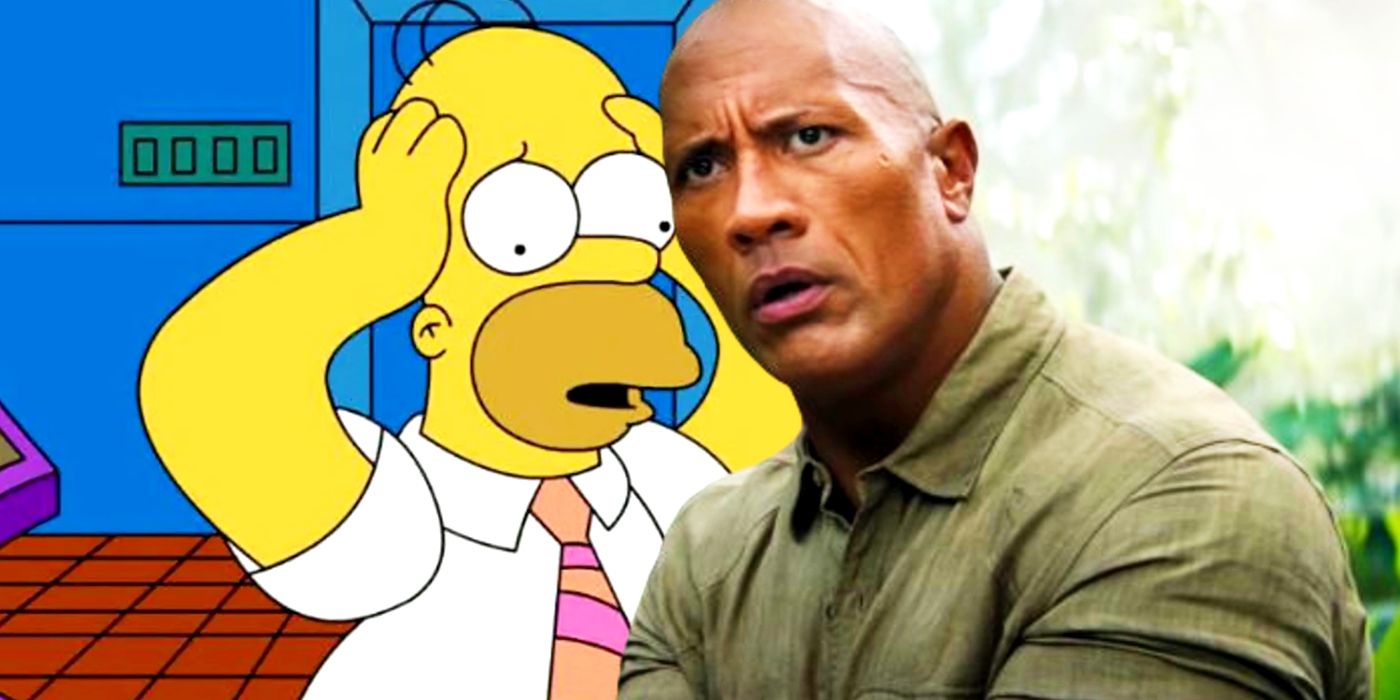 Dwayne Johnson in Red Notice juxtaposed with Homer in The Simpsons
