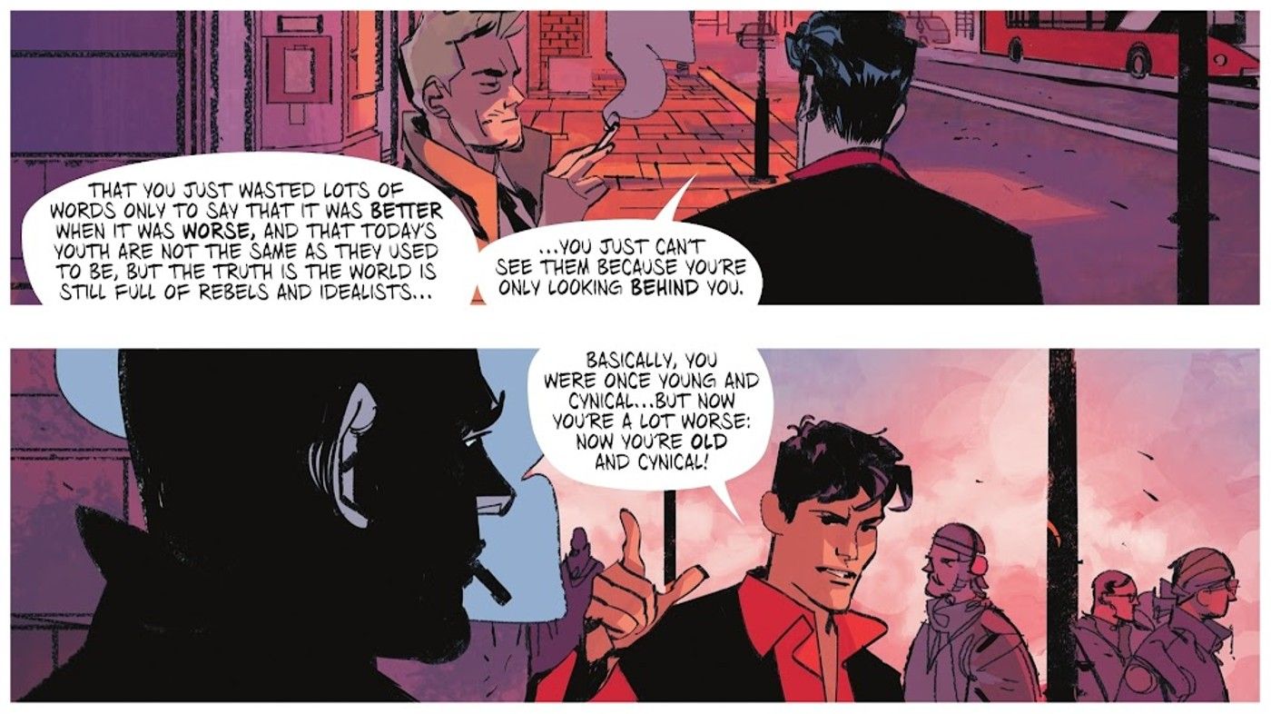 Comic book panels: Dylan Dog berates Constantine for his perspective.