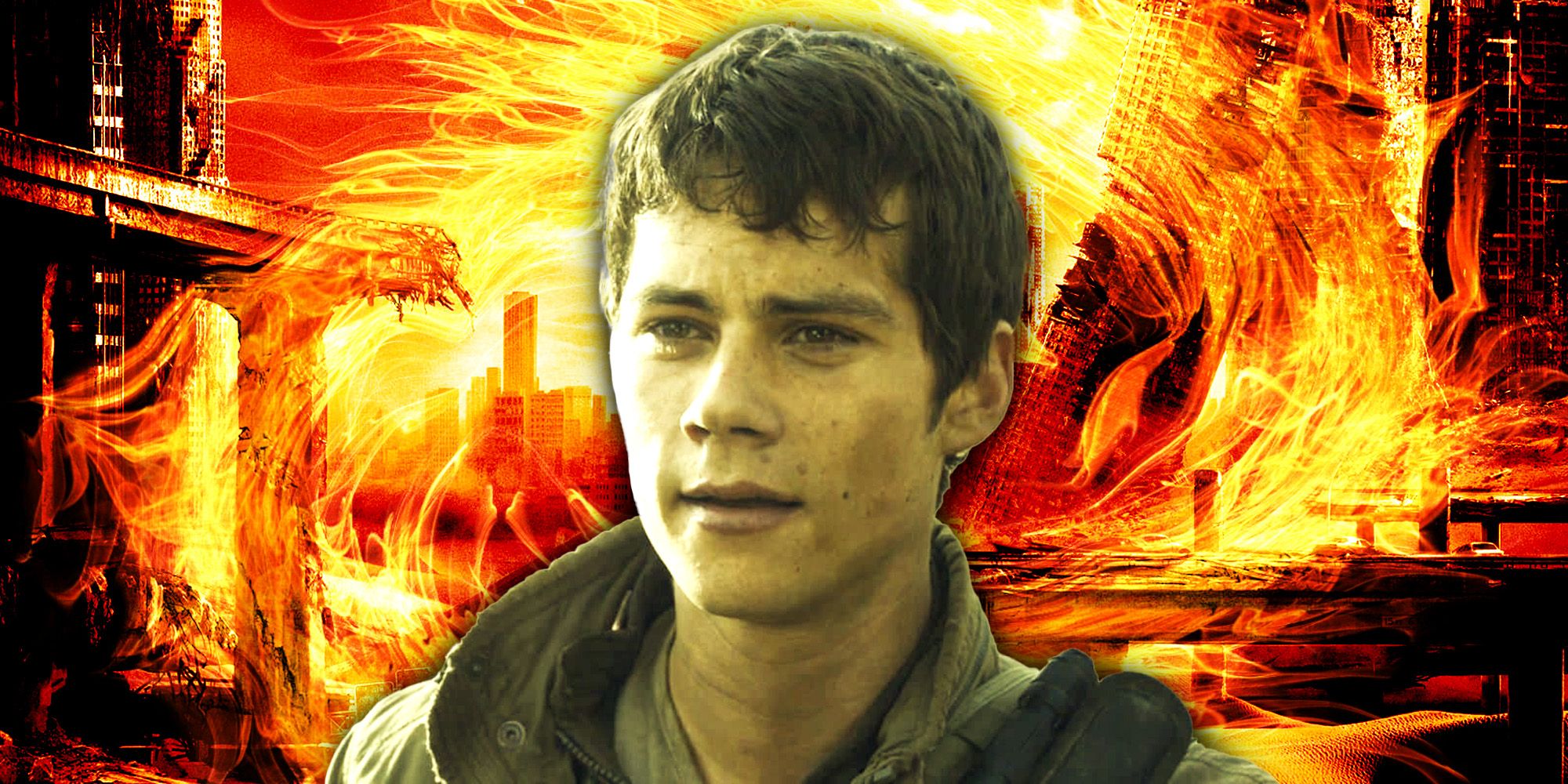 Dylan O'Brien as Thomas in Maze Runner: The Scorch Trials on a fiery background