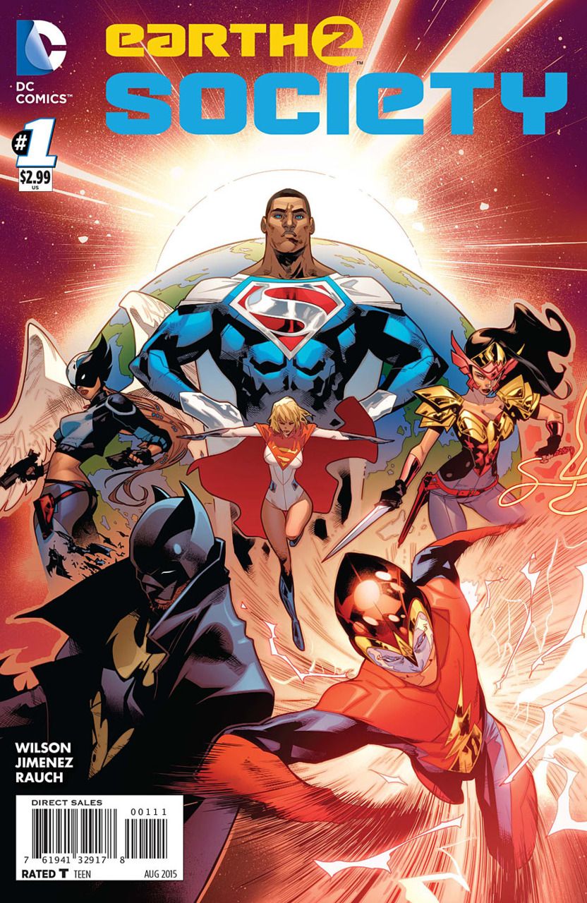 Capa nº 1 da Earth 2 Society apresentando Nightwing como Batman Superman e outros