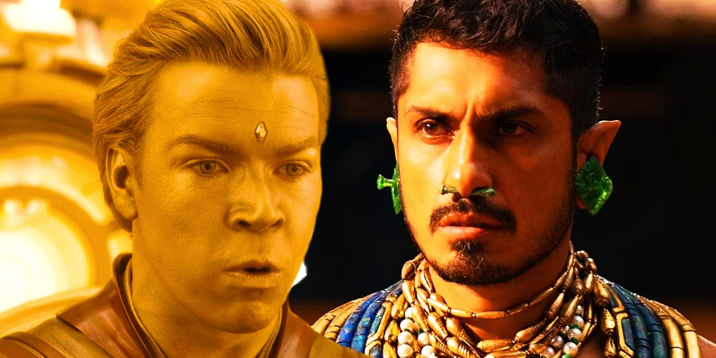 Split image of Will Poulter as Adam Warlock looking upset in Guardians of the Galaxy Vol. 3 and Namor invading Wakanda in Black Panther: Wakanda Forever