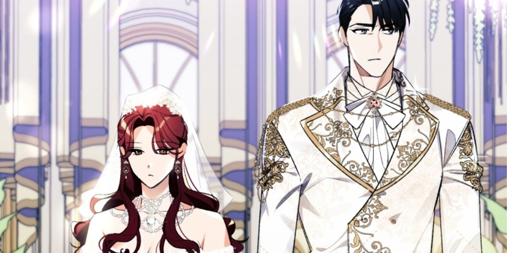 edith and killian stand9ing next to each other looking sullen as they are about to get married in not your typical reincarnation story