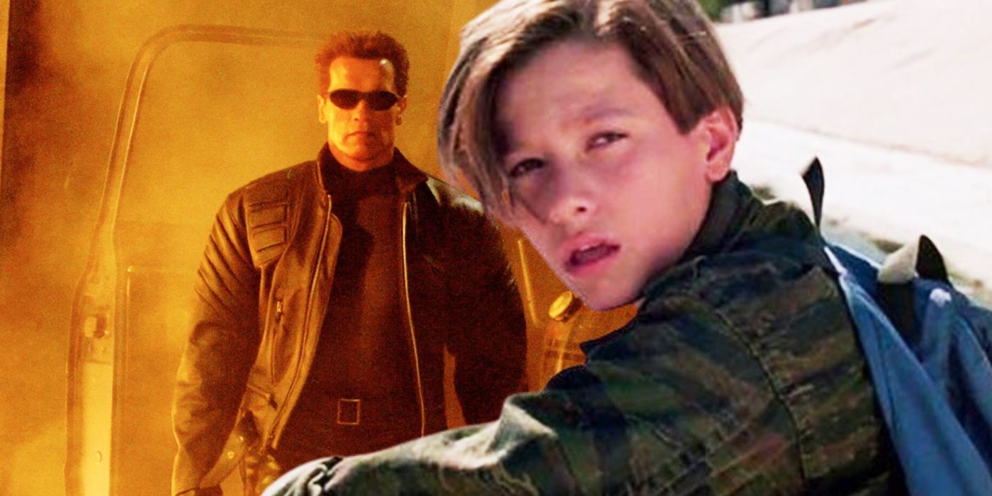 Edward Furlong as John Connor in Terminator 2 juxtaposed with Arnold Schwarzenegger as the T-800 in Terminator 3 Rise of the Machines