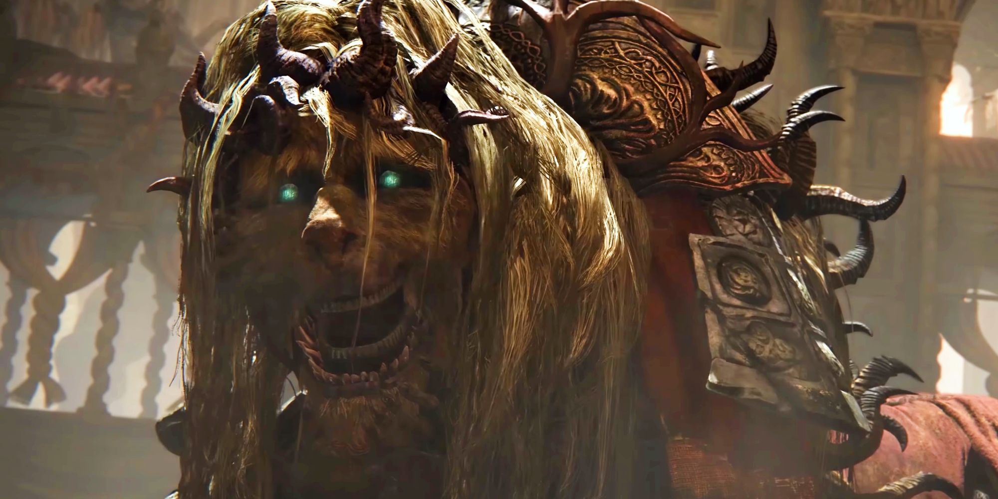 A monster from Elden Ring's Shadow of the Erdtree DLC, reminiscent of a lion, but with glowing green eyes, human-like teeth, and horns sprouting from its body in many places.