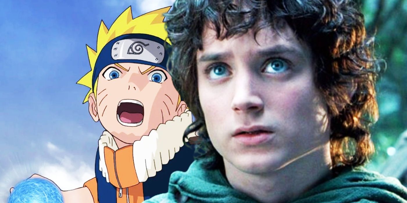 Elijah Wood as Frodo in The Lord of the Rings juxtaposed with a Naruto character yelling