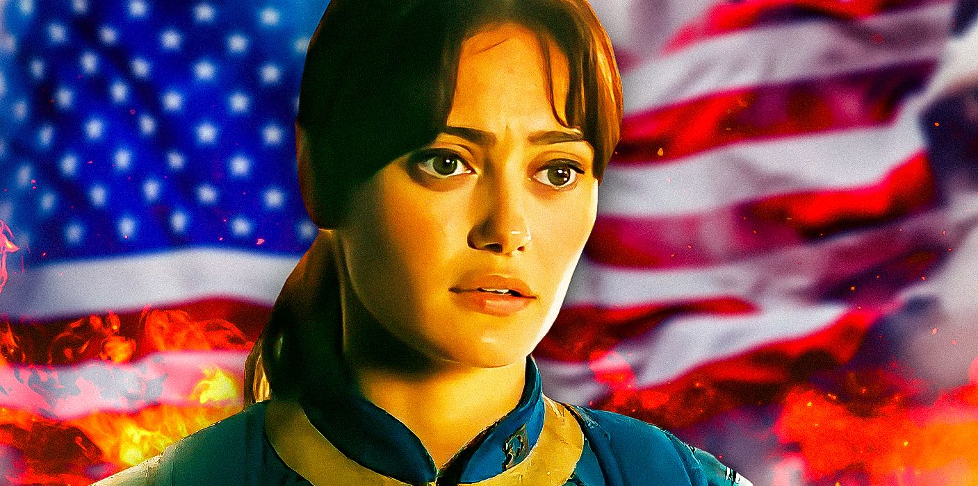 Ella Purnell as Lucy wearing a blue and yellow vault suit from the Fallout TV show in front of the American flag and flames