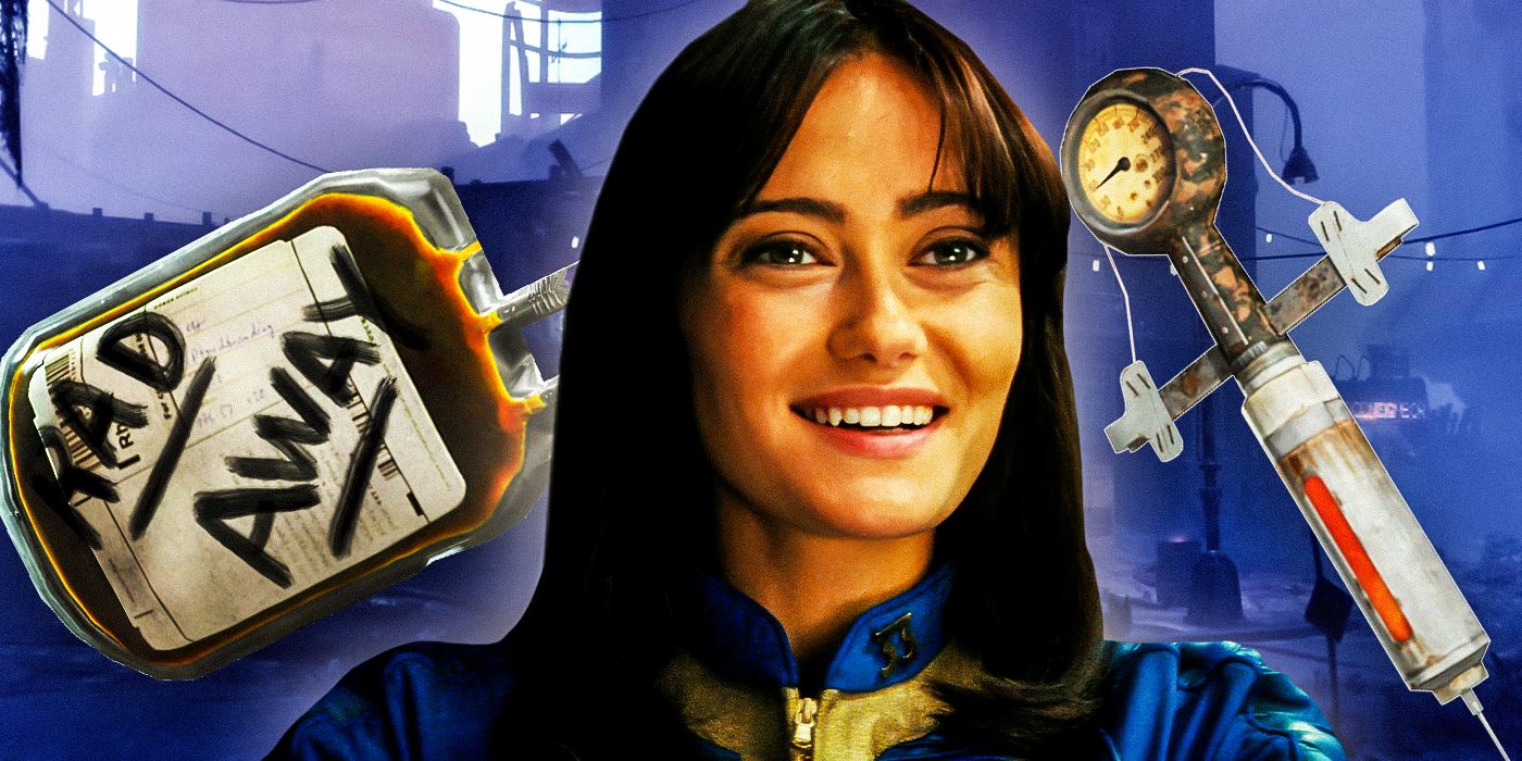 A custom image of Ella Purnell smiling as Fallout's Lucy MacLean with various consumables behind her