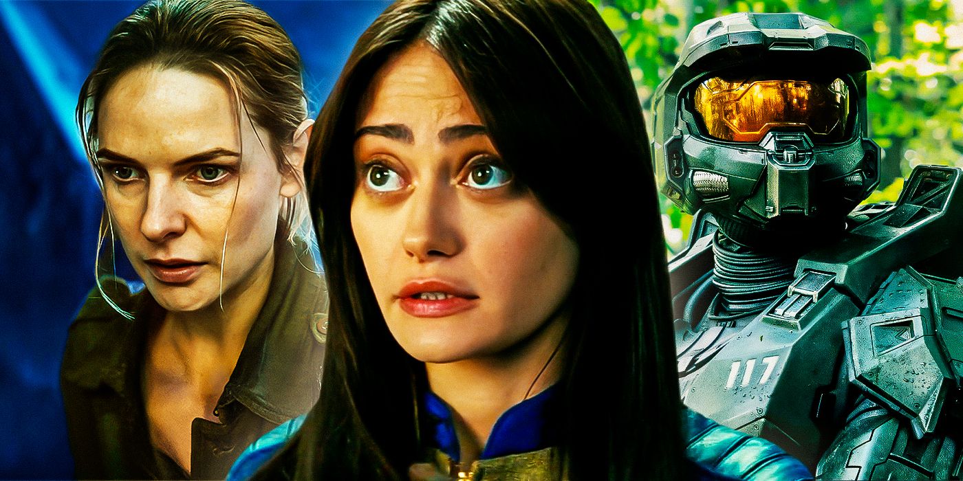 Ella-Purnell-as-Lucy-MacLean-from-Fallout-Rebecca-Ferguson-as-Juliette-Nichols-from-Silo-and-Pablo-Schreiber-as-Master-Chief-from-Halo (1)