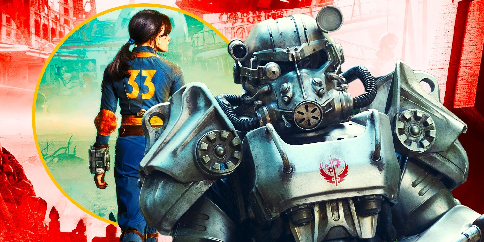 Ella Purnell in the wasteland with a Power Suit from the Fallout series