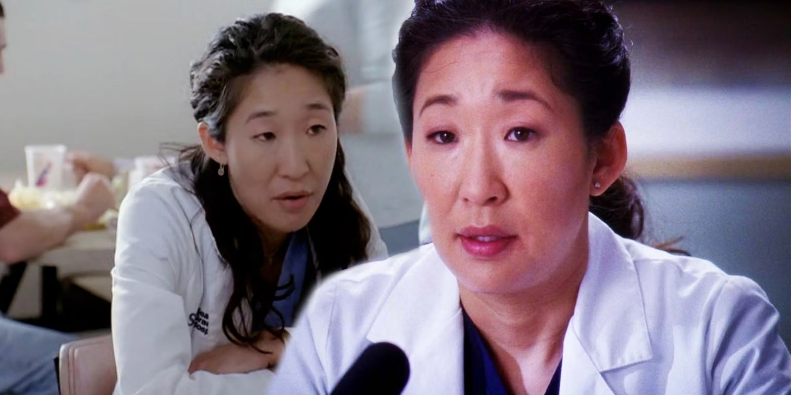 Sandra Oh as Cristina Yang with her arms folded and Christina speaking in Grey's Anatomy