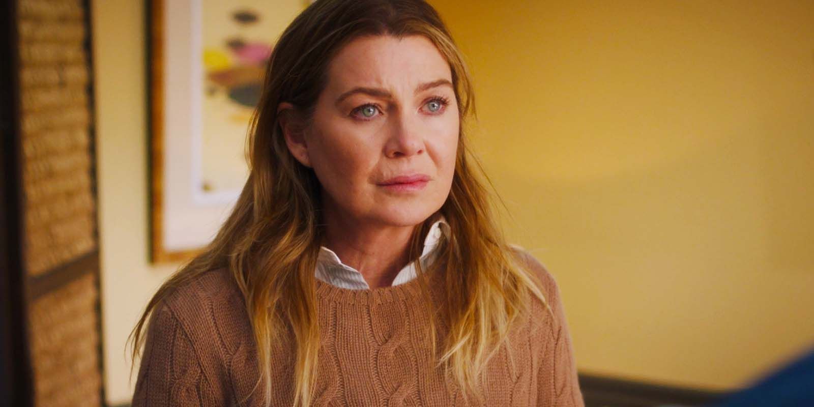 Ellen Pompeo as Meredith Grey looking worried in Grey's Anatomy season 20, episode 5