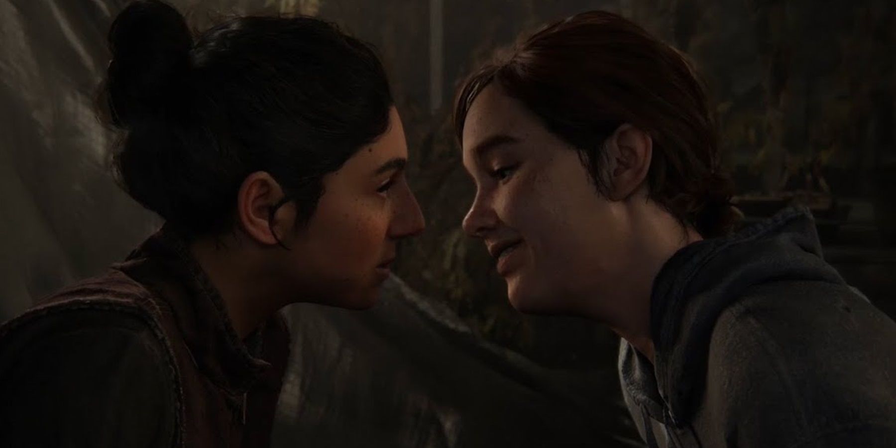 Ellie e Dina se inclinam para se beijar em The Last of Us Part II