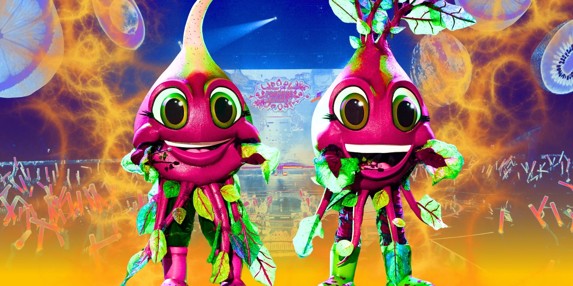 The Masked Singer's Beets standing on stage and holding mics, with orange swirls behind them