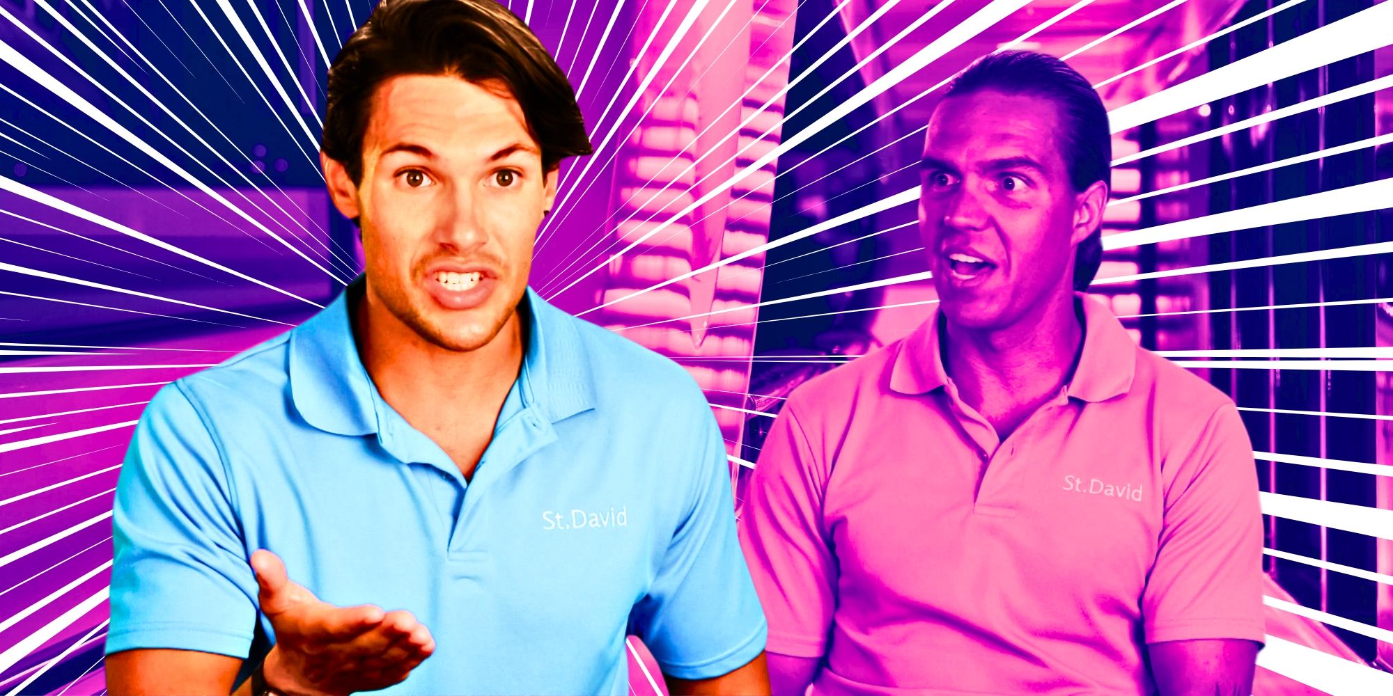  Dylan and Ben montage from below deck season 11 with white stripes going out pink filtered background