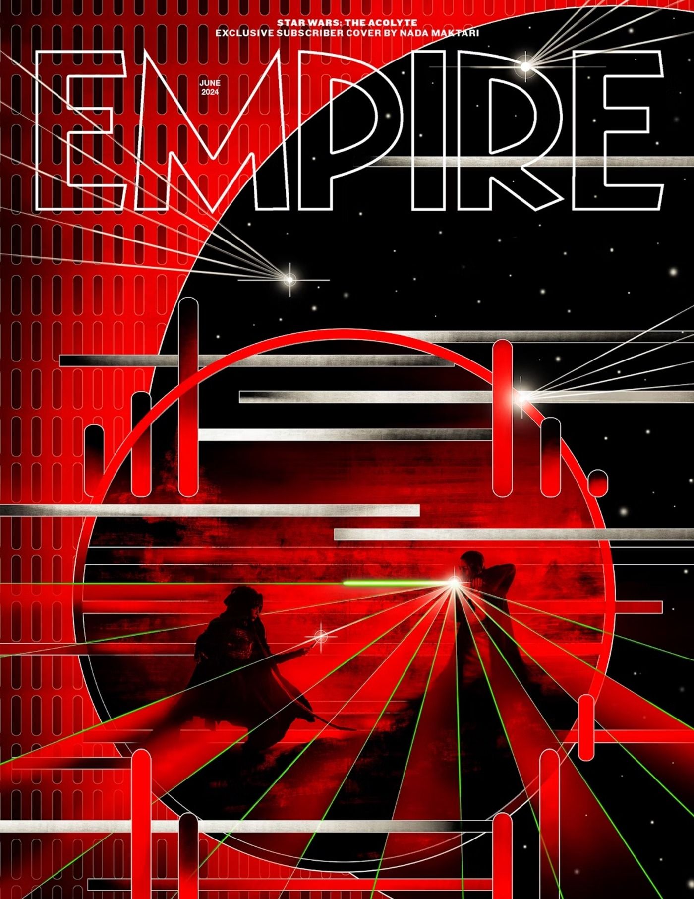 Capa da Empire Magazine Acolyte com uma imagem fragmentada da luta entre Mae e Indara