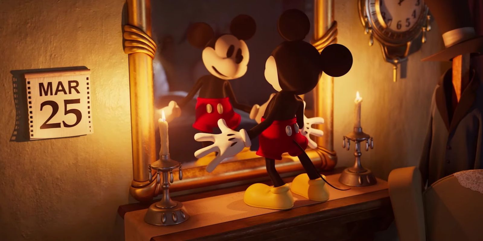 Epic Mickey. Newly brushed Mickey stares into a mirror.