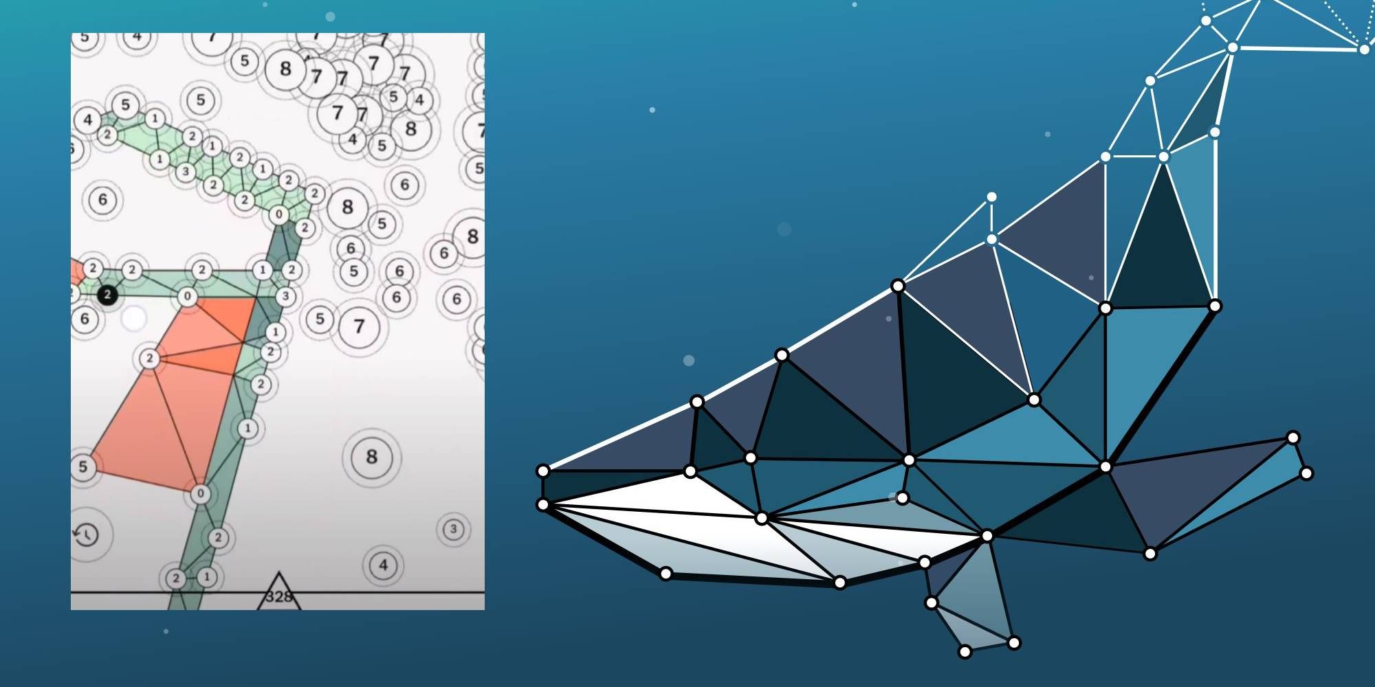 NYT Vertex game making image of whale with connected triangles and different game being played with complex grid