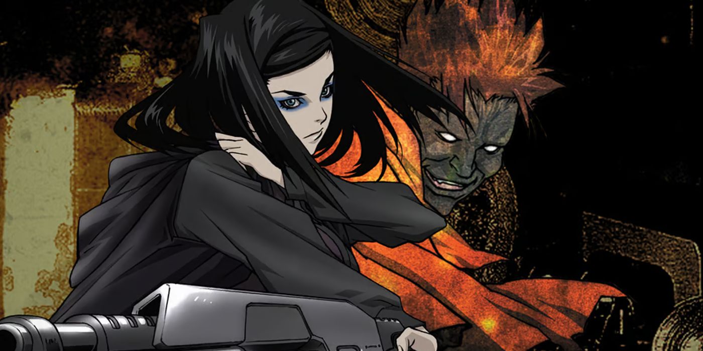 Ergo Proxy anime poster featuring Re-L wielding her gun with a sinister Vincent behind her in his Proxy Form.