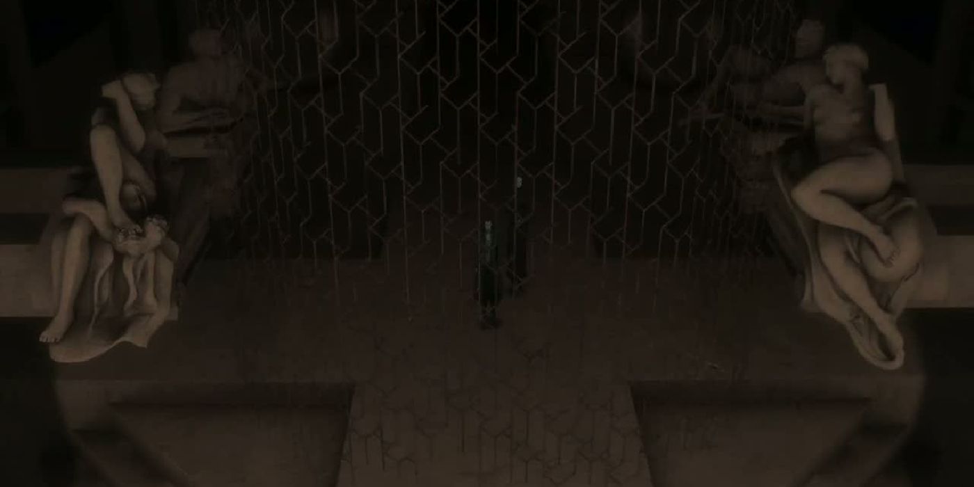 Ergo Proxy's the Collective as statues in a room behind a strange metal gate with Re-l standing behind it.