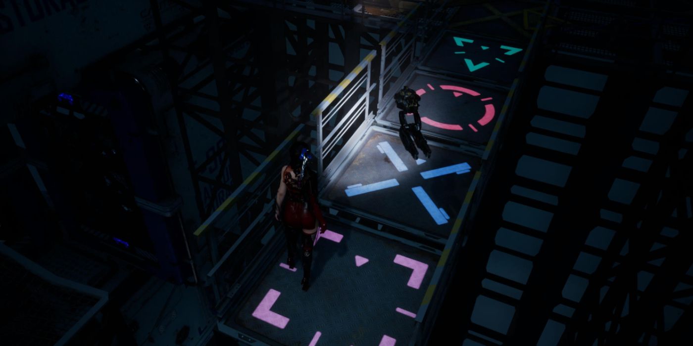 EVE perto de um quebra-cabeça de plataforma que é uma homenagem ao PlayStation em Stellar Blade