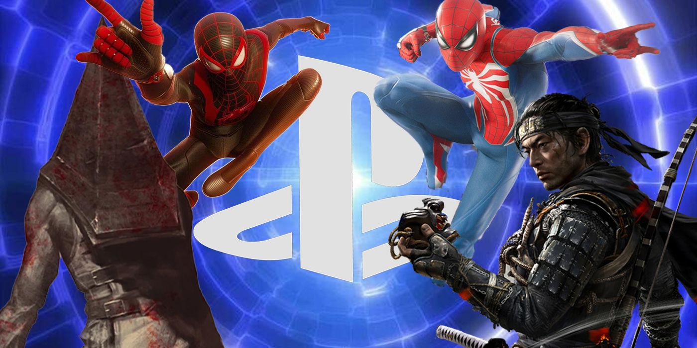 Pyramid Head from the Silent Hill 2 remake and Jin from Ghost of Tsushima in the foreground with both Peter and Miles' Spider-Men swinging behind them against a blue portal with the PlayStation logo in the middle