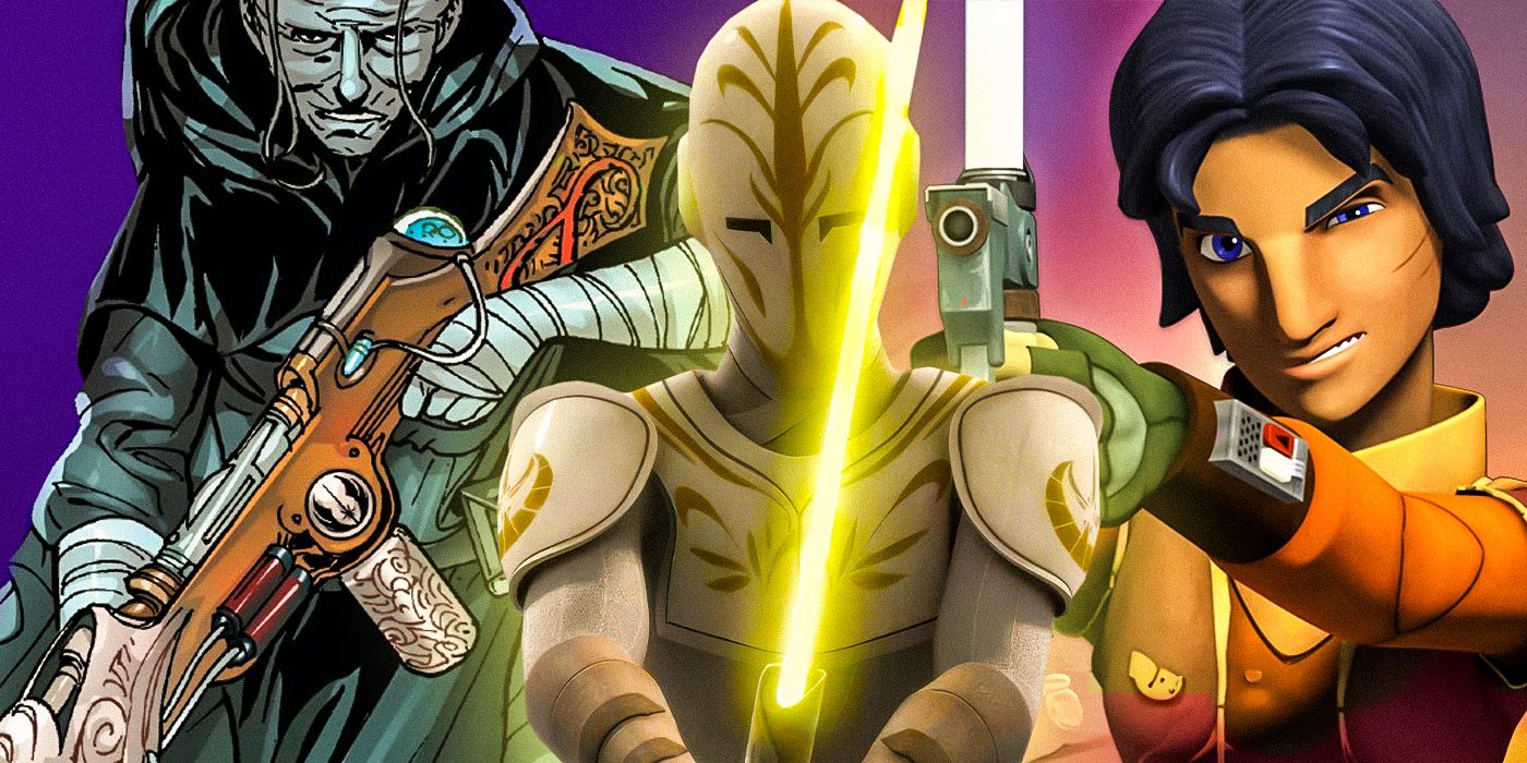 Jocasta Nu with a lightsaber rifle to the left, a Temple Guard with a yellow lightsaber in the center, and Ezra Bridger with a lightsaber-blaster hybrid to the right