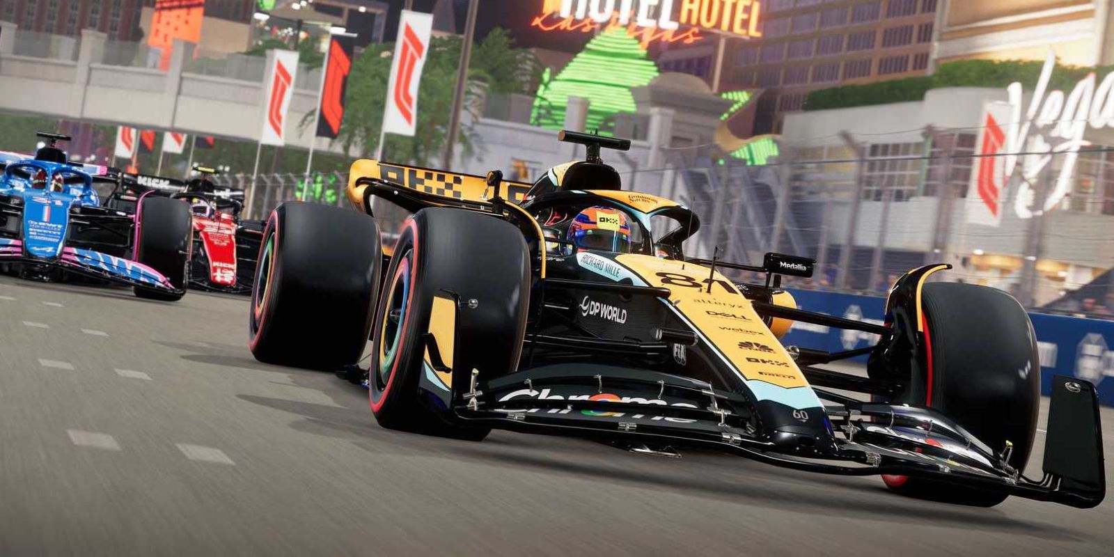 Carros de F1 correm no Vegas Strip Circuit em uma captura de tela do F1 24.