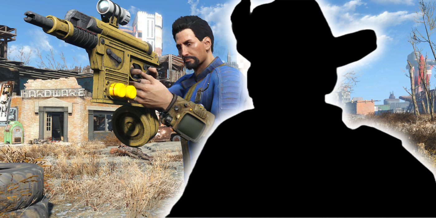 The Sole Survivor of Fallout 4 with a weapon alongside the glowing shadow of Preston Garvey