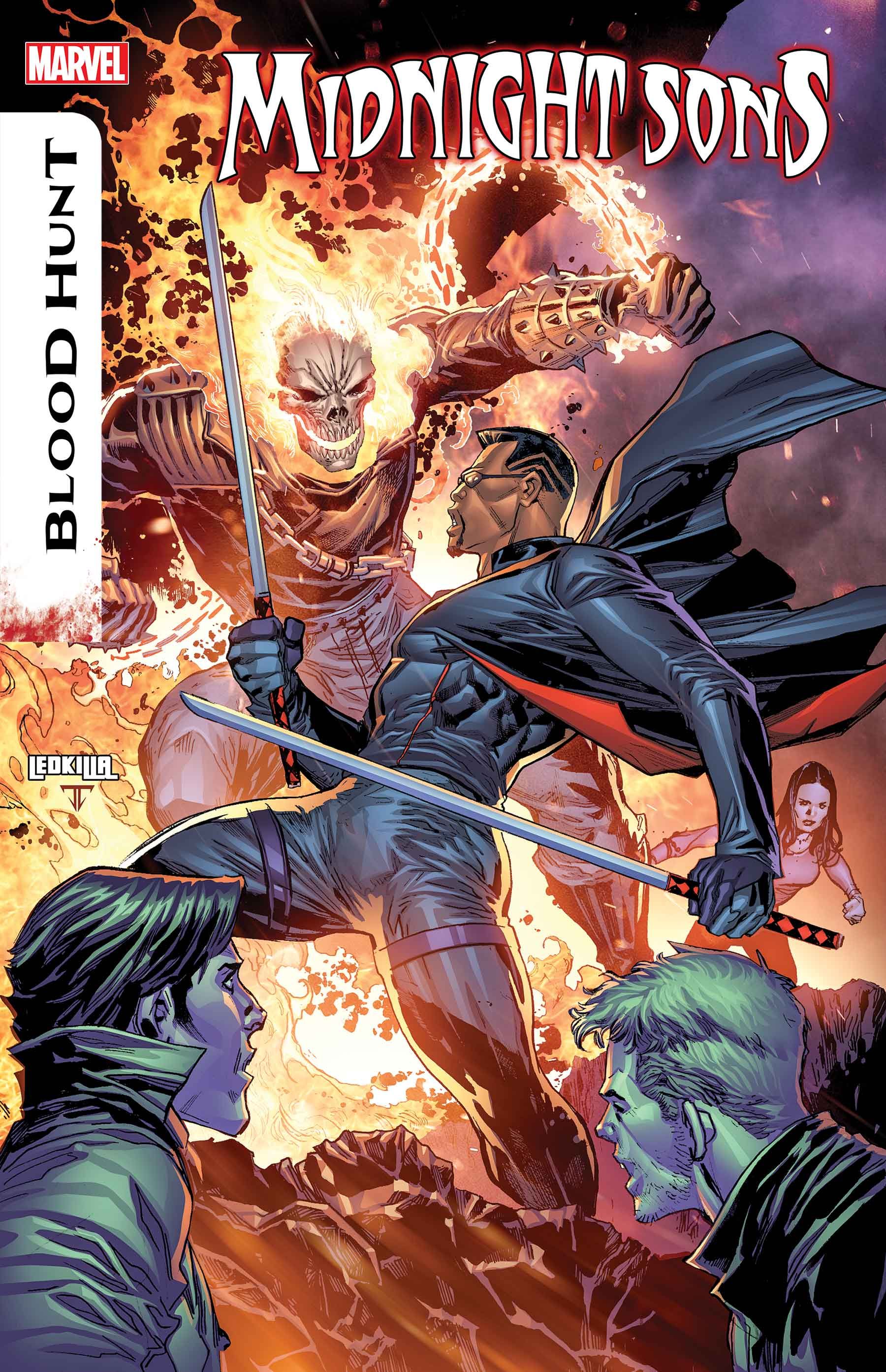Midnight Sons: Blood Hunt #1 cover Ken Lashley, Blade being accosted by former ally Ghost Rider.