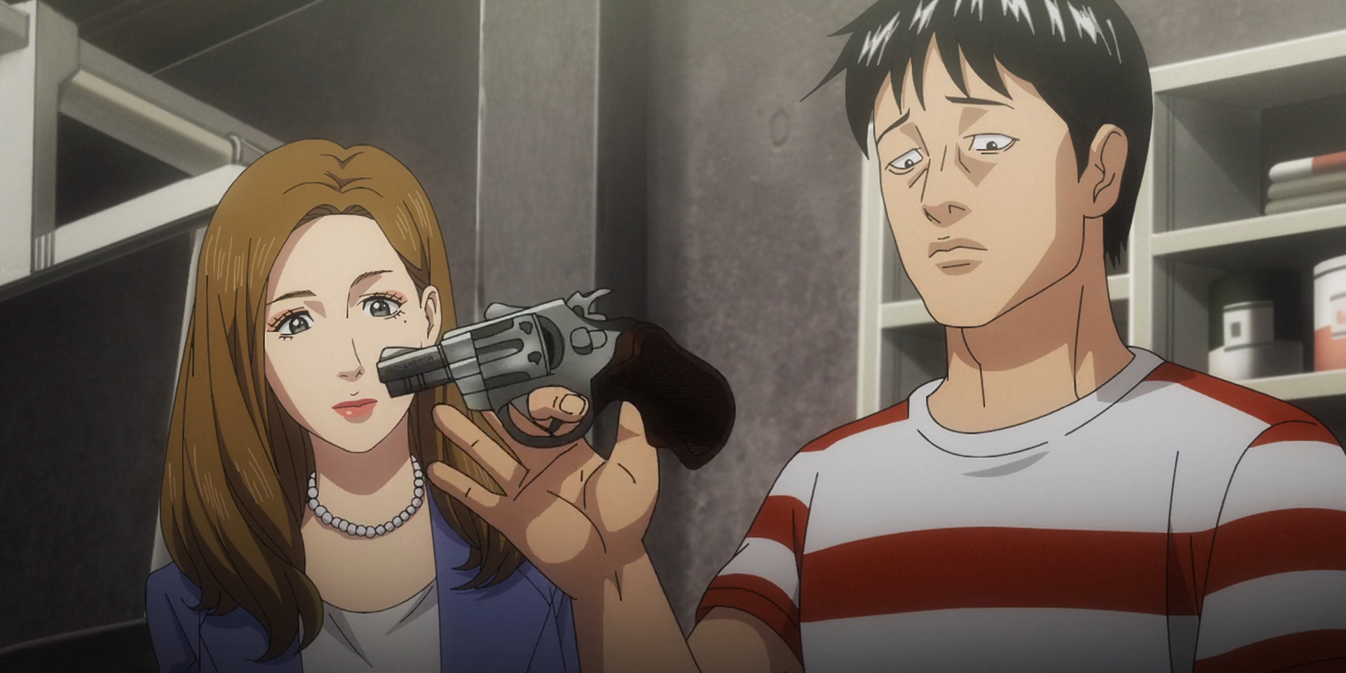 Akira Sato, disguised in a red and white shirt, attempts to spin a snub-nosed revolver, while his fake sister, Yoko, watches from behind.